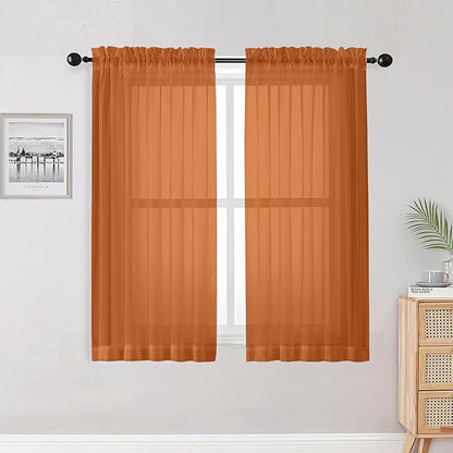 OWENIE Sheer Curtains 54 inches Long for Living Room Bedroom, Rod Pocket Light Filtering Voile Sheers Panels Drapes Small Window Treatments 2 Panels, 42" W x 54" L, Orange