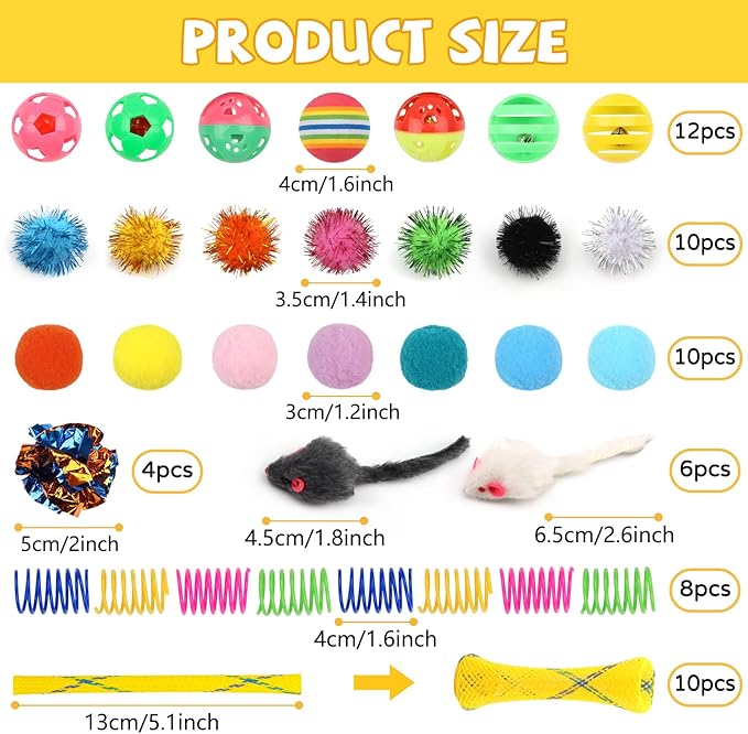 Kitten Toys, 60PCS Cat Balls Springs Toy Set, Cat Mouse Toy, Kitten Sparkle Crinkle Balls Furry Soft Pom Pom-Mewly Pet