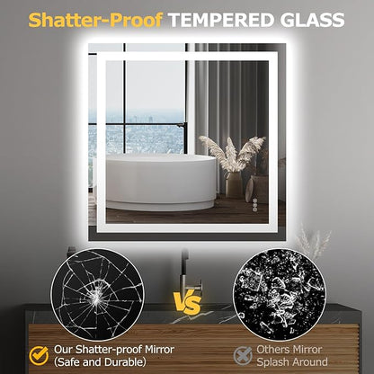 36X36 LED Bathroom Mirror with Lights, Anti-Fog, Dimmable, Backlit + Front Lit, Smart Bathroom Vanity Mirror, Memory Function, Shatterproof, Tempered Glass (Horizontal/Vertical)