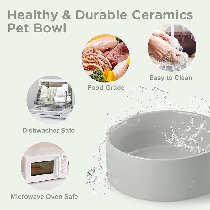 SPUNKYJUNKY Elevated Dog Bowls Ceramic, 8.3'' Dogs Food Water Bowls Raised with Non-Slip Bamboo Stand for Large Sized Breed Microwave Dishwasher Safe - 60 OZ,Grey-Mewly Pet