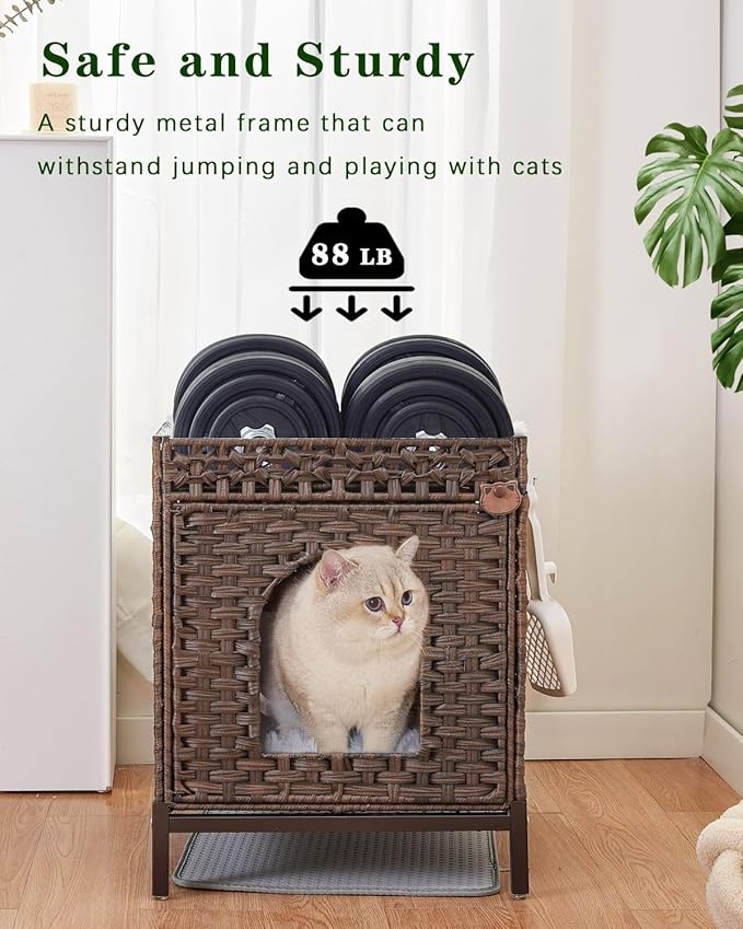 Cat Litter Box Enclosure Hidden Litter Box Furniture with Metal Heightened Feet, Rattan Handwoven Cat House with Litter Mat, Hidden Litter Box Furniture for Bedroom Living Room Brown-Mewly Pet