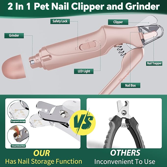 Dog Nail Clippers & Cat Nail Clipper with Catcher, 2 in 1 Dog Nail Trimmers & Grinder with Light for Large Small Dogs Cats,Silent Groom Pro Claw Trimmer, Rechargeable Dogs Nails Grinder Quiet-Mewly Pet
