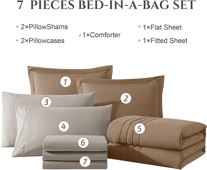 Monbix Oversized Queen Comforter Set - 7 Pieces Brown Bed in a Bag Queen Bedding Sets with Comforters, All Seasons Down Alternative Comforter Bed Set with Sheets,Pillowcases & Shams