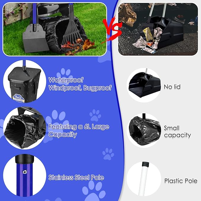 SlowTon Dog Pooper Scooper - 37.4" Long Handle Adjustable Metal Swivel Bin & Rake & Spade Kit with 20 Waste Bags, Portable Pooper Scooper for Gravel Lawn Grass, Suit for Small Medium Large Dog-Mewly Pet