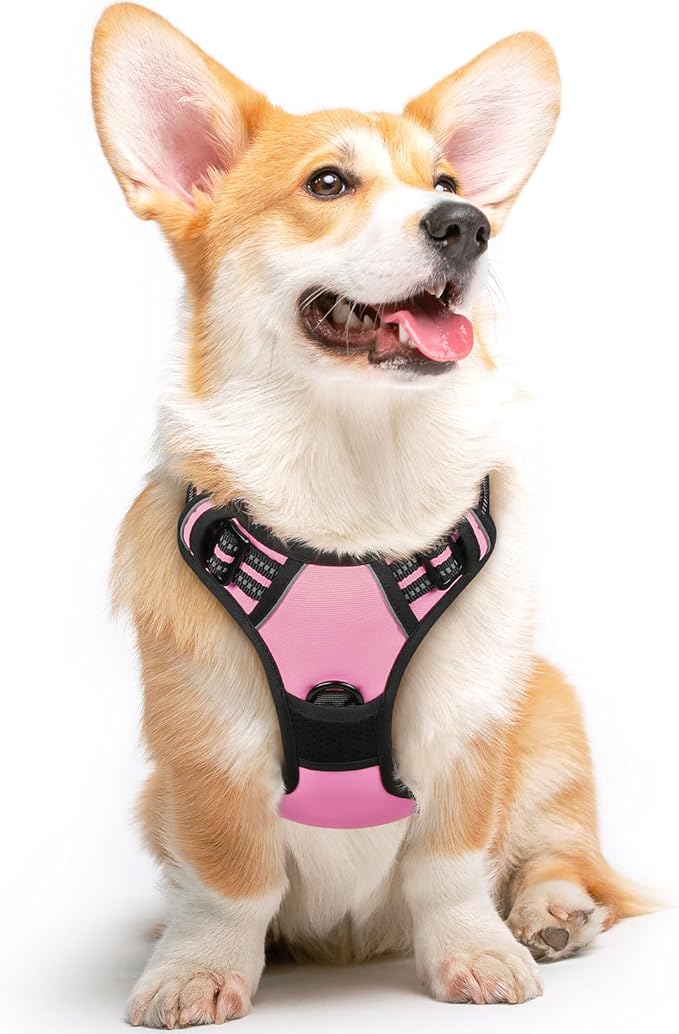 Eagloo Dog Harness Medium Sized Dog, No Pull Service Vest with Reflective Strips and Control Handle, Adjustable and Comfortable for Walking, No Choke Pet Harness with 2 Metal Rings, Pink, M-Mewly Pet