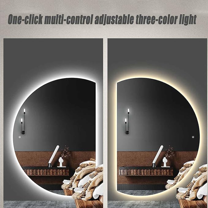 Half Moon LED Bathroom Mirror, Frameless Backlit Wall Mirror, Anti-Fog Smart Vanity Mirror,3 Colors Lights Dimmable Brightness and Time,Touch Switch (Right Semicircle, 110 * 77)