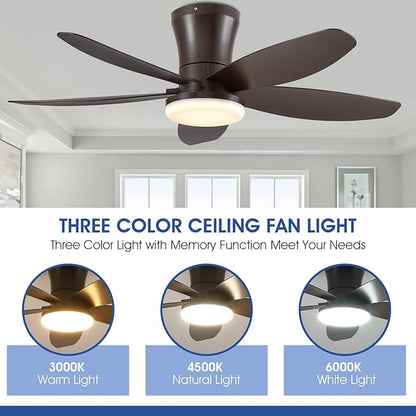 36IN Ceiling Fans with Light and Remote/APP Control, 5-Blade Reversible Motor Ceiling Fan, 3-Color Dimmable Lighting, All-Brown Finish