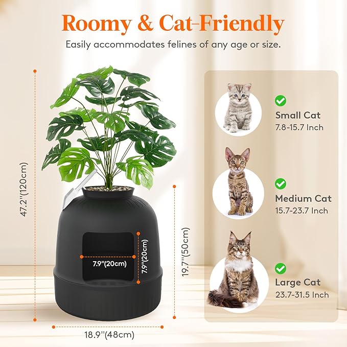 Lifewit Litter Box Cat with Faux Plant & Scoop, Hidden Enclosure Litter Tray with Odor Control & Carbon Filter in Living Room, Bedroom, Corner, Black-Mewly Pet