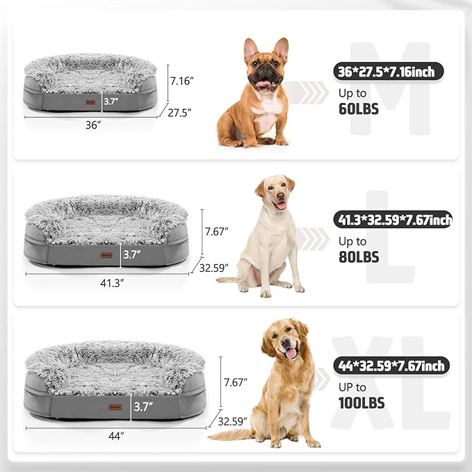 3.7 inch Thickened Orthopedic Dog Beds for Large Dogs, Supportive Dog Sofa Bed with 28D Egg-Crate Foam, Removable Washable Plush Cover, Waterproof Lining, Half-Round Design for Puppy, Senior Dog-Mewly Pet