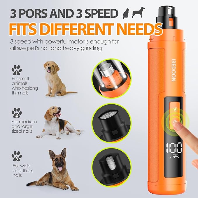 Dog Nail Grinder Upgraded - Professional 3-Speed Super Quiet and Low Vibration Electric Pet Nail Grinder with 4 LED Lights - Painless Paws Grooming & Smoothing for Small to Large Dogs (Orange)-Mewly Pet