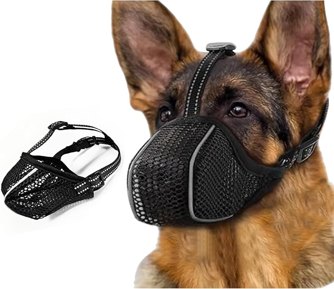 Dog Muzzle, Mesh Soft Muzzle for Small Medium Large Sized Dogs, Breathable Adjustable Puppy Muzzles for Scavenging Biting Licking and Chewing, Allows Panting and Drinking (Reflective Mesh, M)-Mewly Pet