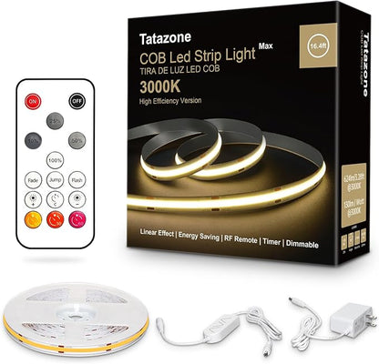 White COB Led Strip Lights Max with RF Remote, 16.4ft 3000K Dimmable Ultra Bright Warm White COB Light Strip, Adhesive Indoor COB Led Lights for Living Room, Shelf, Cabinet