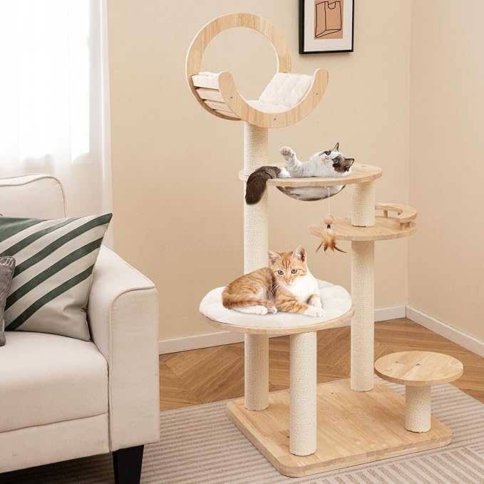 Tangkula Solid Wood Cat Tree, 4-in-1 Building Block Large Cat Tower with Space Capsule Nest, Scratching Posts, Padded Platform, Hanging Toy, Cat Tree Tower with 4 Transformations for Indoor Cats-Mewly Pet
