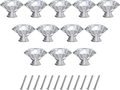 Tomorotec 12-Pack 30mm Crystal Clear Glass Silver Base Cabinet Drawer Pulls, Diamond Shape Cupboard Knobs with Screws for Kitchen, Dresser, Cupboard, Bathroom, Wardrobe (1.2 inch/30mm)