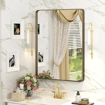 22x30 Bronze Bathroom Wall Mirror, Brushed Metal Framed Vanity Mirror for Wall, Rounded Rectangle Mirror for Modern Farmhouse Wall, Anti-Rust (Horizontal/Vertical)