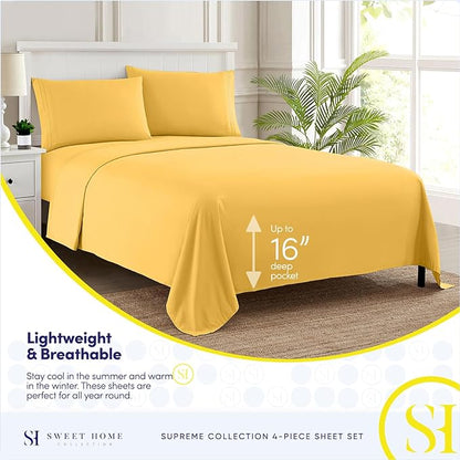 Split King Sheets - Breathable Luxury Sheets with Full Elastic & Secure Corner Straps Built In - 1800 Supreme Collection Extra Soft Deep Pocket Bedding Set, Sheet Set, Split King Size, Yellow