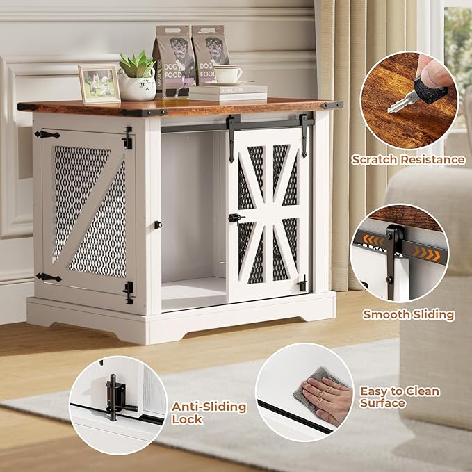 VOPEAK 27.5" Small Dog Crate Furniture, Chew Resistant Dog Crate for Puppy Dogs, Heavy Duty Small Dog Crate Dog Kennel Indoor with Double Doors, Wooden End Table for Bedroom Living Room, White-Mewly Pet