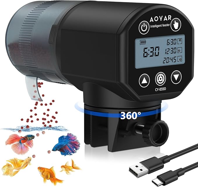 Automatic Fish Feeder Dispenser for Aquarium: Rechargeable Auto Feeders for Tank Turtle Pond Betta - 200ml Smart Food Feeding Timer Dispensers for Flake Pellet Vacation Weekend-Mewly Pet