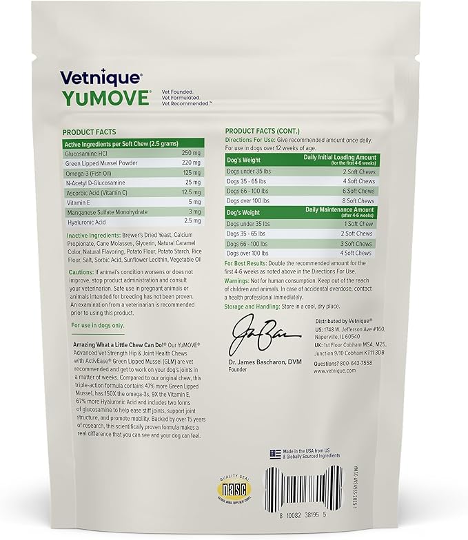 YuMOVE Hip & Joint Supplement for Dogs with Glucosamine, Hyaluronic Acid, Green Lipped Mussel & Omega 3 Joint Supplement - Regular or Advanced Strength (45ct, Advanced Vet Strength Soft Chews)-Mewly Pet