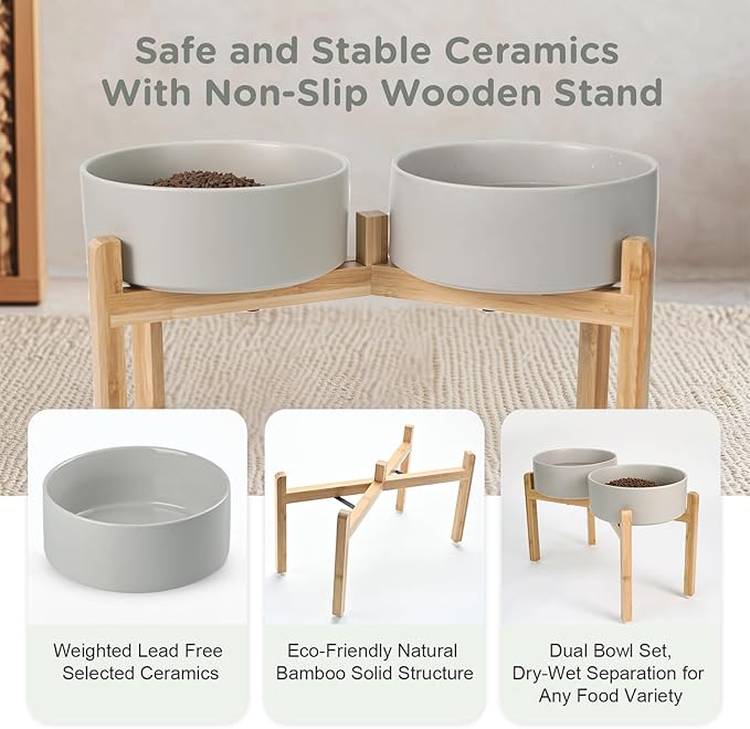 SPUNKYJUNKY Elevated Dog Bowls Ceramic, 8.3'' Dogs Food Water Bowls Raised with Non-Slip Bamboo Stand for Large Sized Breed Microwave Dishwasher Safe - 60 OZ,Grey-Mewly Pet