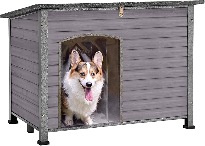 GUTINNEEN Chew Proof Dog House with Metal Iron Frame Outdoor Dog Kennel for Small Medium Large Indoor Dog Cage (43.3" L,Grey Color)-Mewly Pet