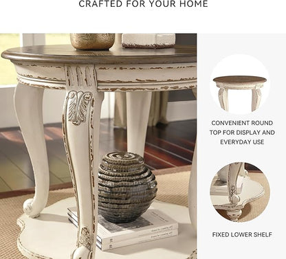 Signature Design by Ashley Realyn French Country Round End Table Two-Tone Accent Table – Chipped White