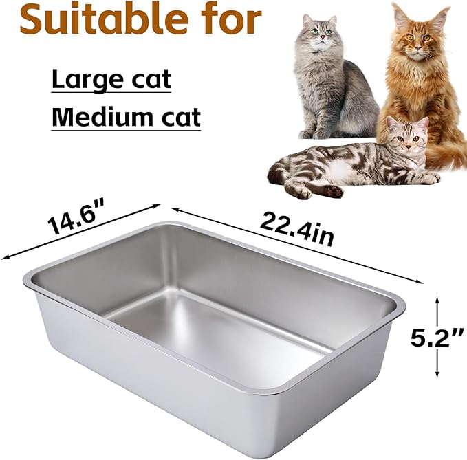 Stainless Steel Cat Litter Box-6" High Side Metal Litter Box,XLarge Stainless Steel LitterBox,Cat LitterBox for Big Cats or Rabbit，Puppy，Non Stick, No Smell, Easy to Clean-Mewly Pet
