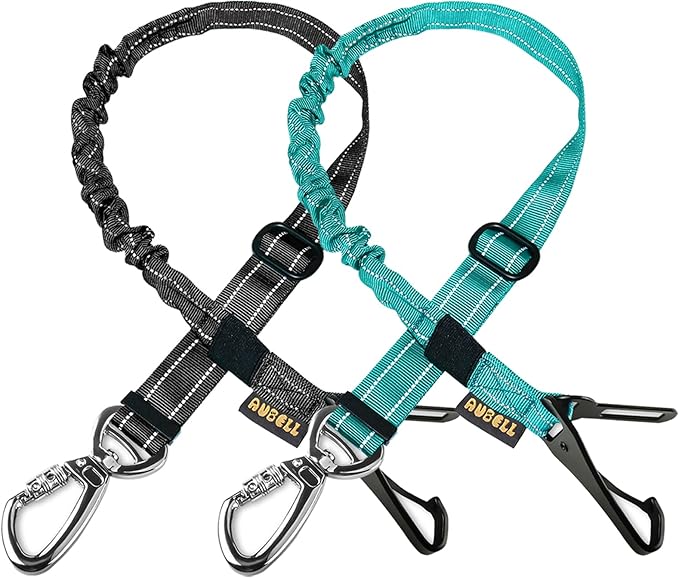 AUBELL Dog Seat Belt for Car,2 Pack Set 3-in-1 Adjustable Reflective Bungee Heavy Duty Dog Car Harness Tether with Clip Hook Latch & Buckle,Swivel Zinc Alloy Carabiner,Black+Teal-Mewly Pet