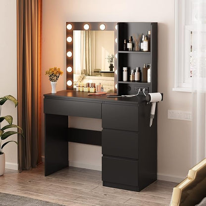 Vabches Makeup Vanity with Lights, 37inch Vanity Desk with Power Strip, 4 Drawers Makeup Table with Lighted Mirror, 3 Lighting Colors,Black