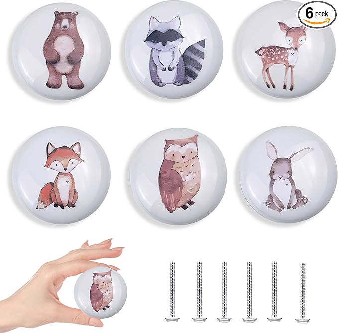 6pcs 1.5" 6 Pack Cute Nursery Kids Animals Ceramics Dresser Drawer Pulls Unique Decorative Cabinet Knobs (Rabbit)