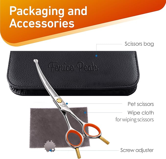 Fenice Peak 6'' Small Curved Scissors Lightweight Dog and Cat Grooming Scissors with Safety Round Tip JP440C Stainless Steel Sharp Blades for Body Facial Nose Ear and Paw Hair Easy Use-Mewly Pet