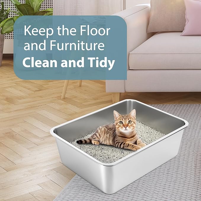 Stainless Steel Litter Box - Cat Litter Box Easy to Clean, Never Absorbs Odor, Stains, or Rusts - Silver (17.7" L x 13.5" W x 6" H)-Mewly Pet