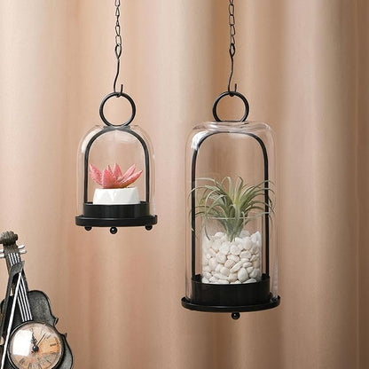 5" & 4" Wide Versatile Metal Candle Holder in Black with Handmade Thick, Heavy & Sturdy Glass Dome for Pillar Candle, Industrial, Modern, Shelf, Mantel, Veranda, Porch (2, Black, Large & Small)