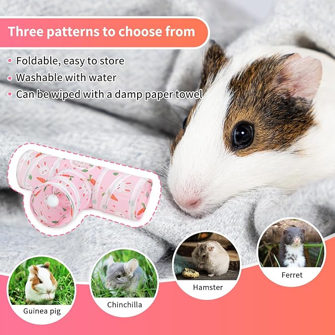 Rypet Guinea Pig Tunnel 3 Way Collapsible Small Pet Tunnels and Tubes with Interactive Ball for Baby Rabbit Ferret Hamster Chinchilla Hedgehog Hiding and Resting-Pink-Mewly Pet