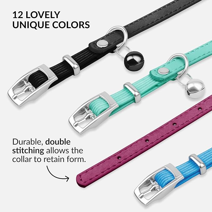 CollarDirect Leather Cat Collar with Bell - Kitten Collar, Small and Big Cat Strap for Boy Cats, Girl Cats with Safety Elastic Strap (Neck Fit 8"-11", Pink)-Mewly Pet