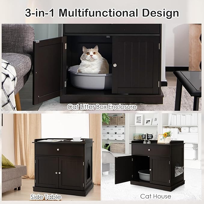 PETSITE Cat Litter Box Enclosure, Large Cat Washroom End Table with Drawer & 2 Doors, Wooden Cat House Storage Cabinet, Hidden Litter Box Furniture, Brown-Mewly Pet