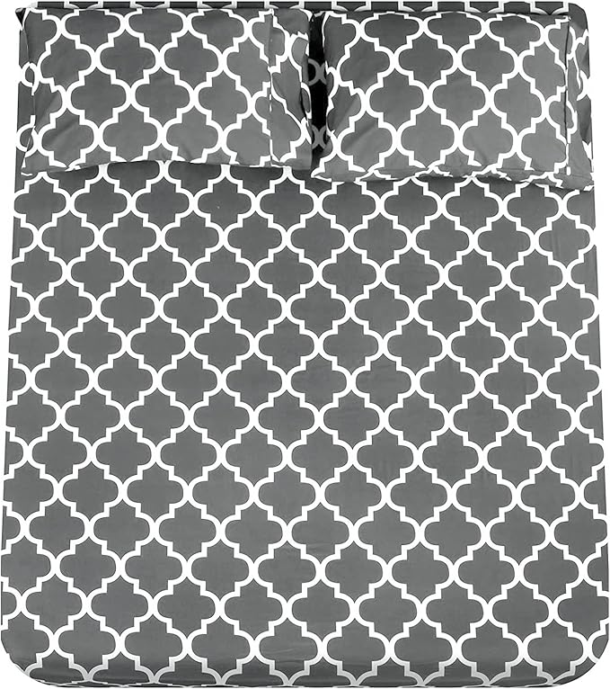 Mejoroom Full Bed Sheet Set - Super Soft Brushed Microfiber 1800 Thread Count Sheets with 16 inch Deep Pocket - Wrinkle Free - 4 Piece(Full, Gray Quatrefoil with White Pattern)