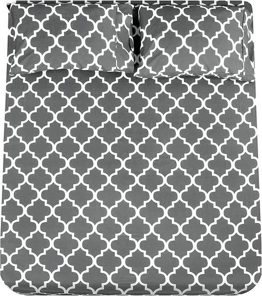 Mejoroom Full Bed Sheet Set - Super Soft Brushed Microfiber 1800 Thread Count Sheets with 16 inch Deep Pocket - Wrinkle Free - 4 Piece(Full, Gray Quatrefoil with White Pattern)
