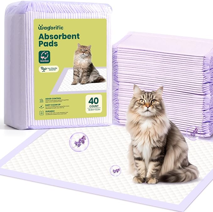 Cat Pads Refills for Tidy Cats Breeze Litter System - Super Absorbent 6-Layer Pads for Odor Control, Lavender Scented - 16.9" x 11.4" - Pack of 40 Litter Box Replacement Pads-Mewly Pet