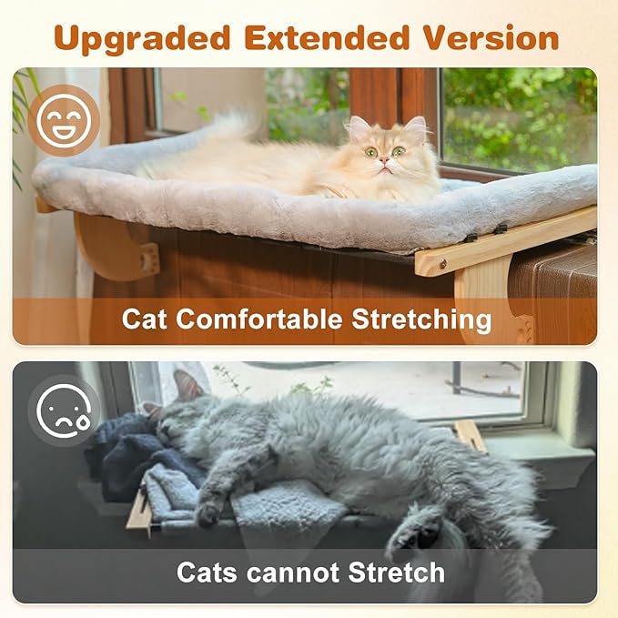 Oversized Cat Window Perch, 31.5 x 14.96 in, Cat Window Hammock with Plush Bolster for Large Felines and Multi Felines, Adjustable Cats Bed for Windowsill, Bedside, Cabinet & Drawer (Gray)-Mewly Pet