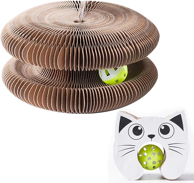 Kitty Curls Cat Toy Kurlz, Interactive Scratch Pad, Foldable Accordion,Cat Recyclable Scratcher with Ball (Black)-Mewly Pet