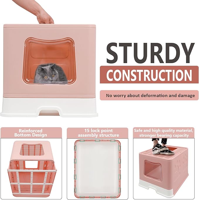 XL Foldable Cat Litter Box with Lid - Jumbo Enclosed Potty - Top Entry Anti-Splashing Toilet - Includes Scoop & 2-in-1 Cleaning Brush (Pink)-Mewly Pet