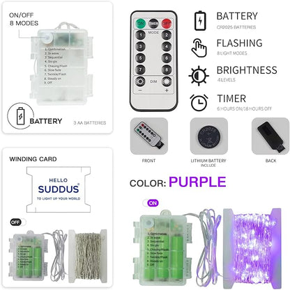 suddus Hallowee Fairy Lights Battery Operated, 33ft 100 LED Fairy Lights with Remote, Purple String Lights for Outside, Porch, Home, Backyard, Window, Yard, Garland, Party Decorations