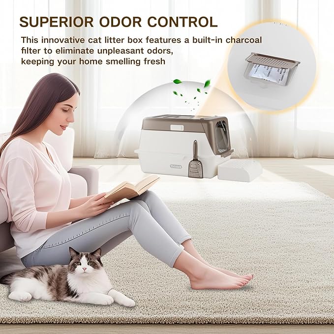 Stainless Steel Cat Litter Box with Lid, XX-Large Extra Large Litter Boxes for Large Cats,Enclosed Removable Metal Kitty Litter Box with High Sided,Magnetic Door,40L Box, Litter Trap Step/Mat-Mewly Pet