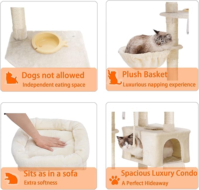 Heybly Cat Tree, Cat Tower for Indoor Cats with Scratching Board, Multi-Level Cat Furniture Condo with Feeding Bowl, Beige HCT010M-Mewly Pet