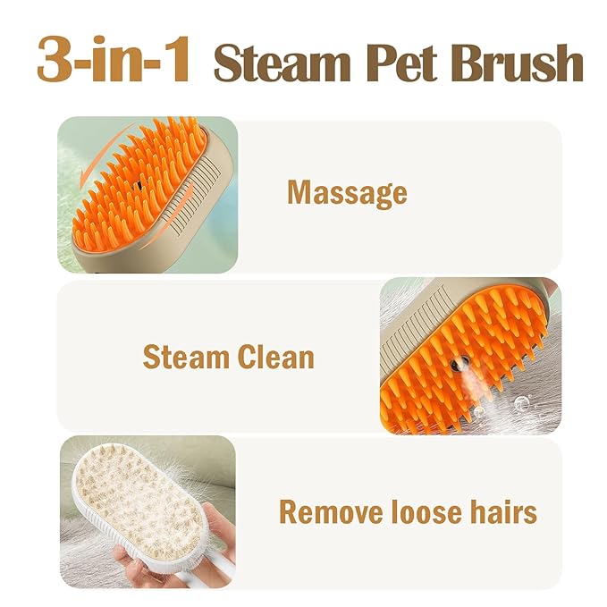 Cat Steam Brush, 3 in 1 Pet Spray Hair Removal Comb, Cats and Dogs Brush for Shedding, Rechargeable Silicone Pet Steam Brushes, Spritz Defur Comb for Massage, Cleaning and Remove Loose Hair - Khaki-Mewly Pet