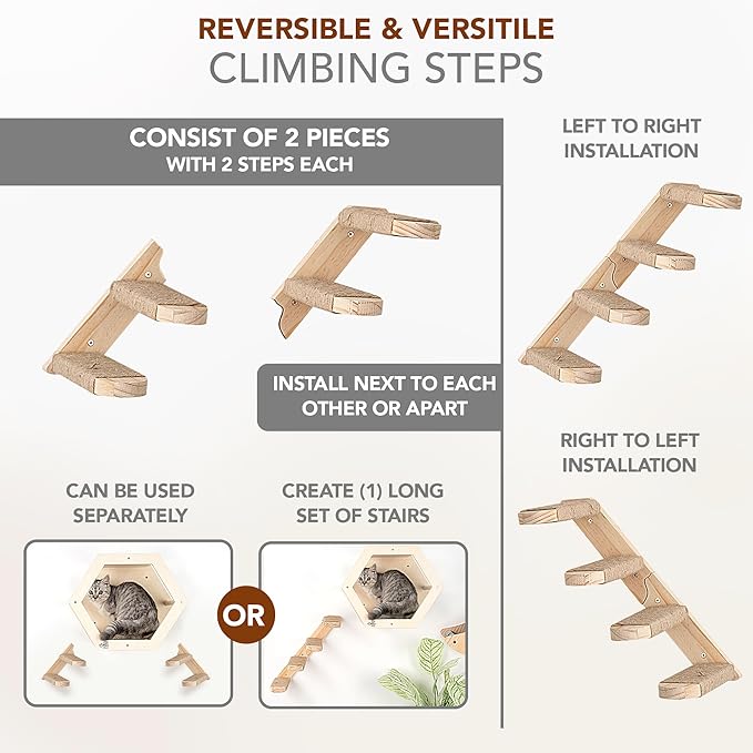 3-Piece Cat Wall Furniture Set - Hammock, Hexagon House, Climbing Steps - Wall Mounted Shelves, Perches, and Beds - Modern Design for Large Cats and Kittens & Spare Hammock Fabric Included-Mewly Pet