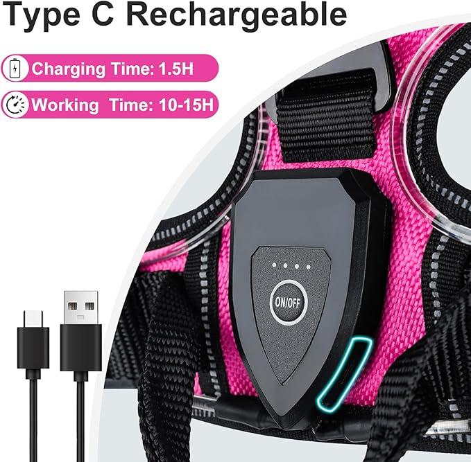 Taglory Light Up Dog Harness, Rechargeable No Pull Dog Vest with 3 Lightning Modes, Reflective Dog Harness with 2 Leash Clips & 4 Adjustable Slide Strips for Medium Dogs, Hotpink-Hotpink, M-Mewly Pet