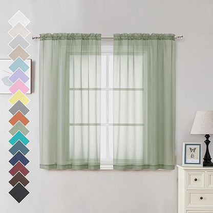 OVZME 2 Panels Sheer Sage Green Curtains 54 Inches Length Window Treatment for Kitchen, Elegant Airy Transparent Curtain Draperies Rod Pocket for Kids Living Room, Each 42 Width 54 Length