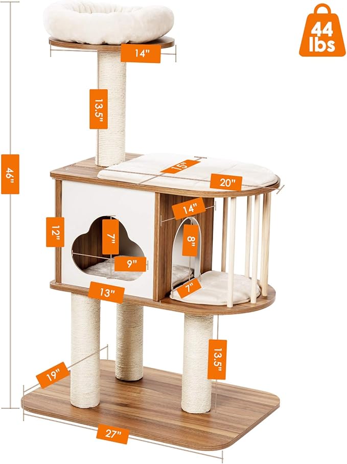 Tangkula Modern Wood Cat Tree, 46 Inches Cat Tower with Platform, Cat Activity Center with Scratching Posts and Washable Cushions, Wooden Cat Condo Furniture for Kittens and Cats (Natural)-Mewly Pet